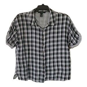 Forever 21 Shirt Womens M Black White Plaid Cropped Boyfriend Accented Sleeves